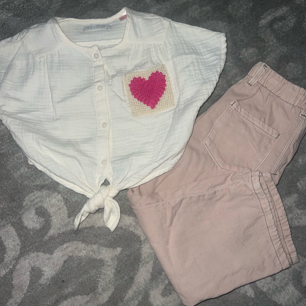 Toddler Girl Zara White Button-Up Top with Pink Heart and Pink Pants Outfit